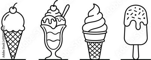 Ice cream vector collection featuring waffle cones, sundae, soft serve, and popsicle outline icons
