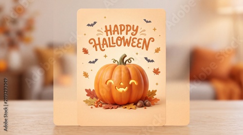 Happy Halloween greeting card featuring a smiling carved pumpkin illustration on a wooden table
