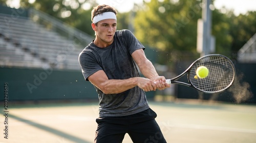 Dynamic action shot of male tennis player hitting two handed backhand stroke with yellow ball impact dust, court match concept.