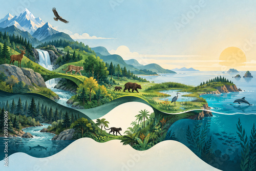 Biodiversity conservation shown as layered habitats linked