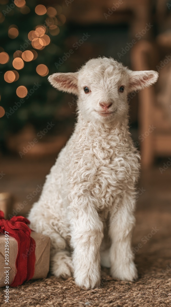 Fototapeta premium Adorable baby white goat sitting beside a beautifully wrapped Christmas present with a red ribbon in a cozy festive interior. Warm fairy lights and soft lighting create a charming holiday advertising 