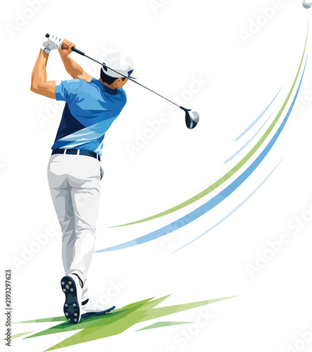 Golfer swinging club with ball in air male sport