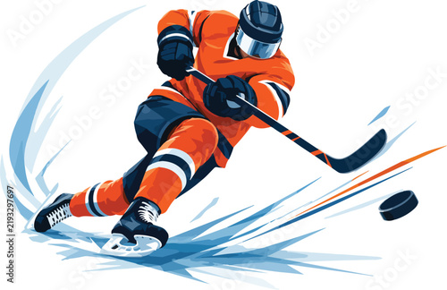 Ice hockey player shooting puck on ice Keywords: ice hockey, hockey player, sport, athlete