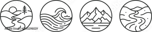 Landscape vector icons set in circular outline style with mountains rivers and ocean waves