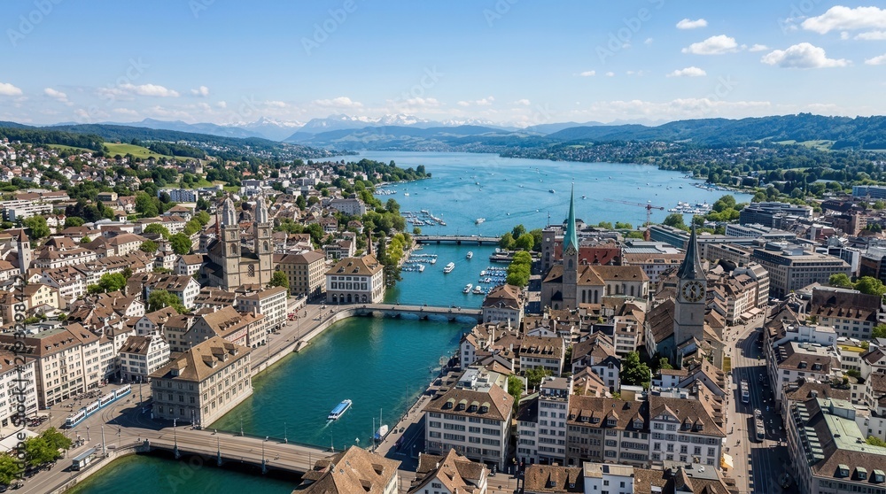 Obraz premium Panoramic Aerial View of Zurich Cityscape with Lake Zurich, Limmat River, and Mountains in the Background