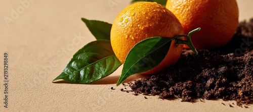 Fresh orange with green leaves and water droplets on rich soil, warm sunlight, cream stone surface