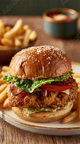  Crispy chicken burger with fries
