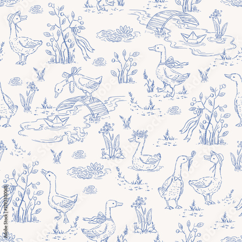 Vintage style ducks seamless pattern vector illustration, hand drawn toile de jouy background