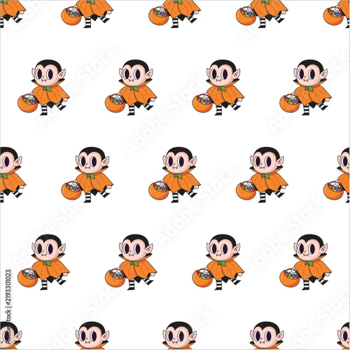 Cute Halloween vampire boy with pumpkin basket seamless pattern