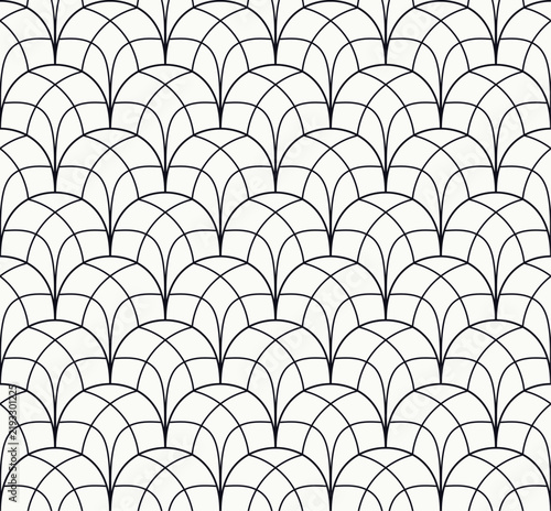 Black line art deco fan seamless vector pattern background
