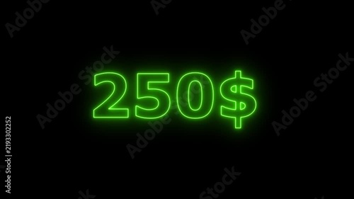 Abstract beautiful green neon dollar number countdown animation from 0 to 700 on dark background. Glowing neon dollar countdown timer 4k animation.