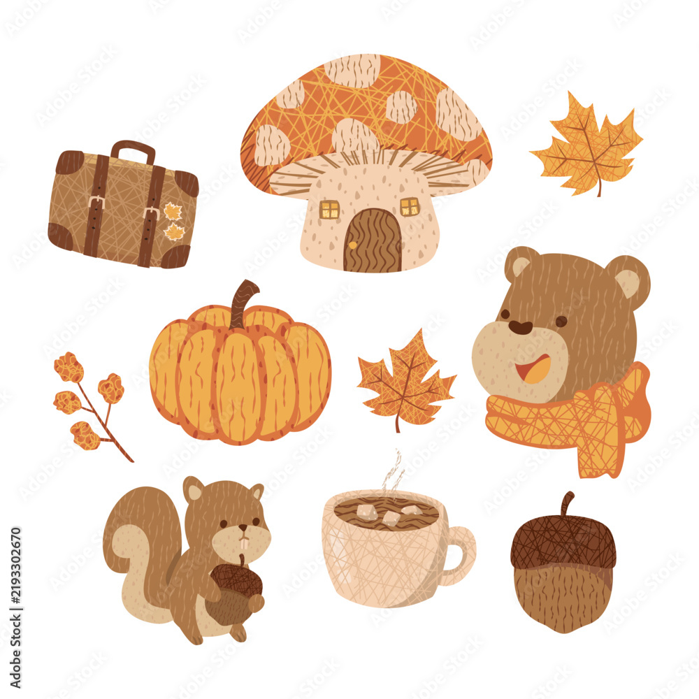 Fototapeta premium Cute autumn fall element set with bear squirrel mushroom house and pumpkin illustration isolated on white background