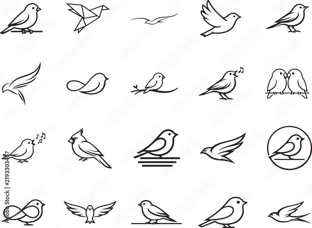 Fototapeta premium Minimalist canary bird line icon set with abstract shapes for logos, branding, nature and modern design.