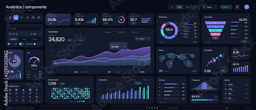 Dark vector analytics dashboard showing charts metrics cards filters and interface components in a gradient data visualization layout