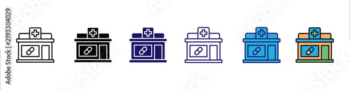 Pharmacy Building Icon Set, Drugstore Front and Medical Shop Vector Symbols