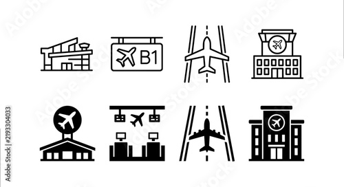 Airport Terminal and Aviation Icon Set, Gate, Runway and Control Tower Vector Symbols