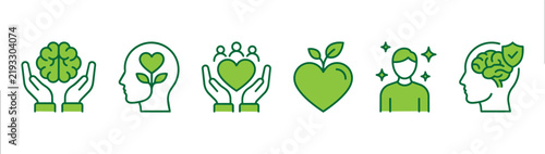 Mental Health and Mental Wellbeing Icon Set, Brain Care, Self Care, and Psychology Line Symbols