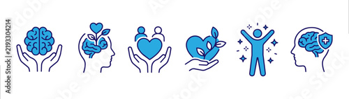 Mental Health and Wellness Icon Set, Brain Care, Self Care, and Psychology Line Symbols