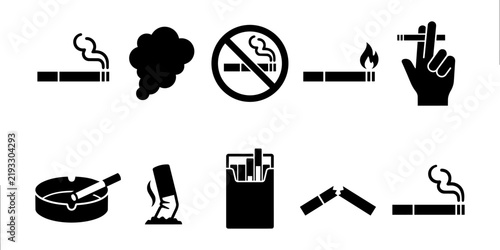 Smoking and Tobacco Icon Set, No Smoking, Cigarette Pack and Stop Smoking Vector Symbols