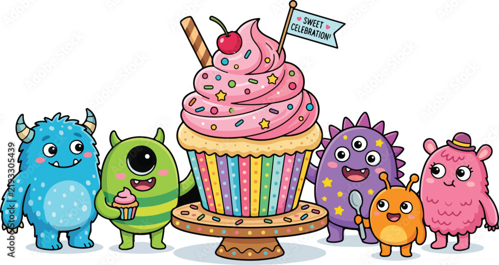Fototapeta premium Cute cartoon monsters celebrating around a giant giant pink frosting cupcake on a stand