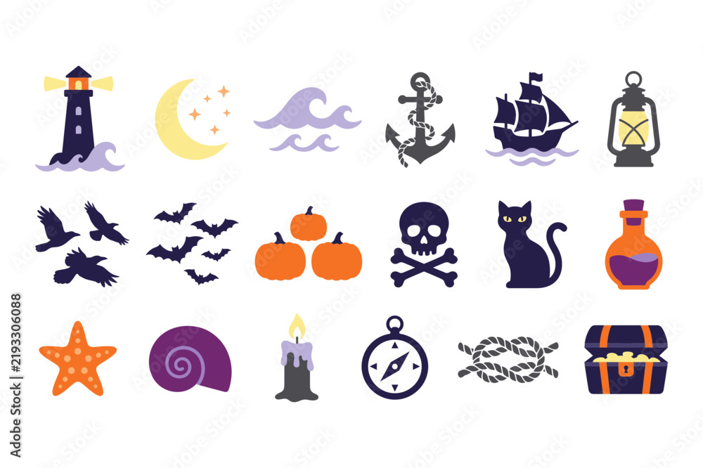 Fototapeta premium Nautical and spooky icons collection featuring purple lighthouse and orange starfish with pirate themes.