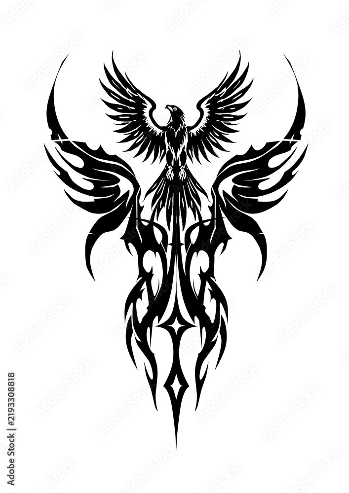 Fototapeta premium Mythical phoenix bird with cyber sigilism wings vector art.