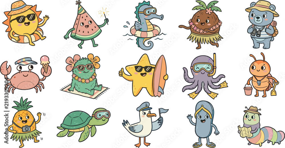 Obraz premium cute summer animal characters collection with beach and ocean themes perfect for children's books and vacation designs