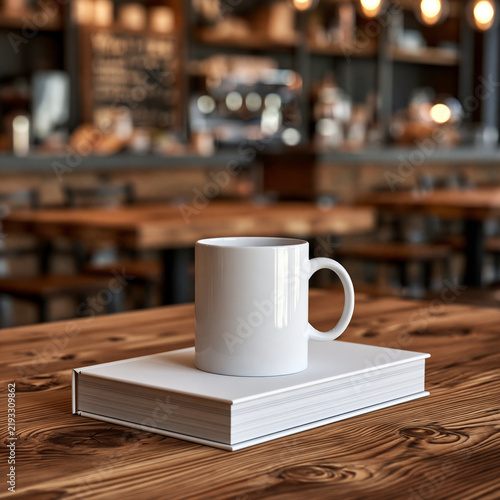 Warm Morning Ritual: A crisp white mug rests atop a closed book on a rustic wooden table, set against the cozy, ambient blur of a coffee shop interior.