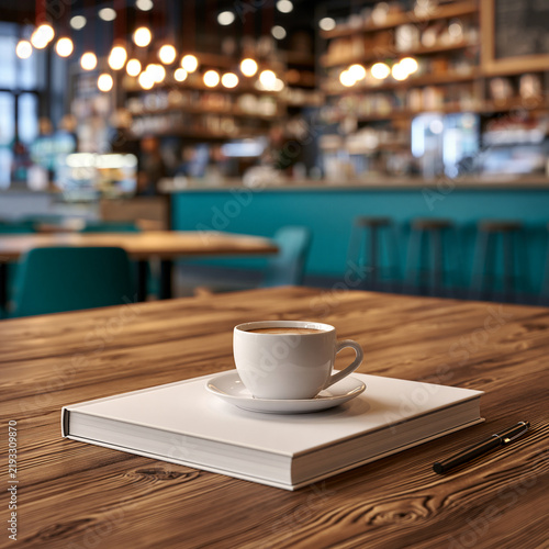 Aromatic Brew at the Café: A comforting cup of coffee sits atop a blank book on a rustic wooden table.