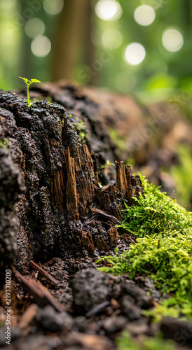 Forest Floor Resilience: A tiny green sprout emerges from a decaying log covered in vibrant moss, a symbol of new life and regeneration in a quiet forest clearing.