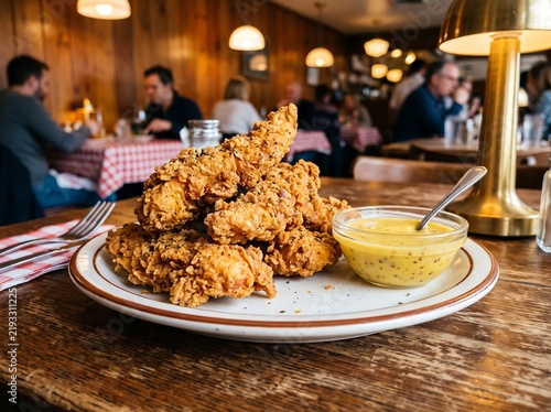A plate of crispy fried chicken tenders served with a side of honey mustard dipping sauce, set against a cozy restaurant backdrop with blurred patrons enjoying their meals