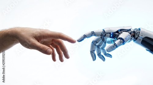 A close-up shot of a human hand reaching out to a robotic hand, with their fingertips almost touching against a white background.