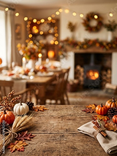 Thanksgiving harvest rustic wooden table with pumpkins, leaves, and wheat, decorated for autumn dining with border frame and copy space