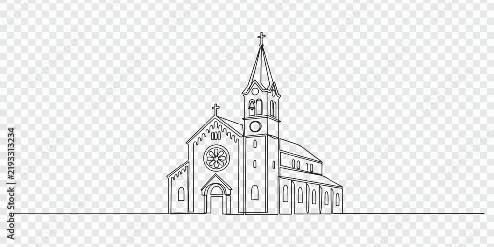 Fototapeta premium Continuous line drawing of a church building with a cross on top. One line drawing depicts faith, spirituality, worship, architecture, and a peaceful sacred atmosphere.