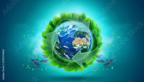 Earth globe surrounded by green leaves and recycling symbol