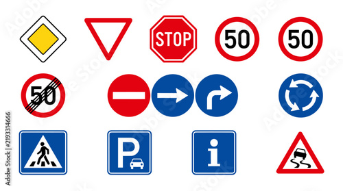 Collection of Common European Road Traffic Signs on White Background