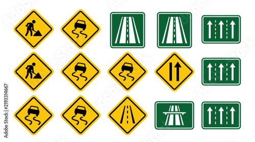 Set of various yellow caution and green directional road traffic signs