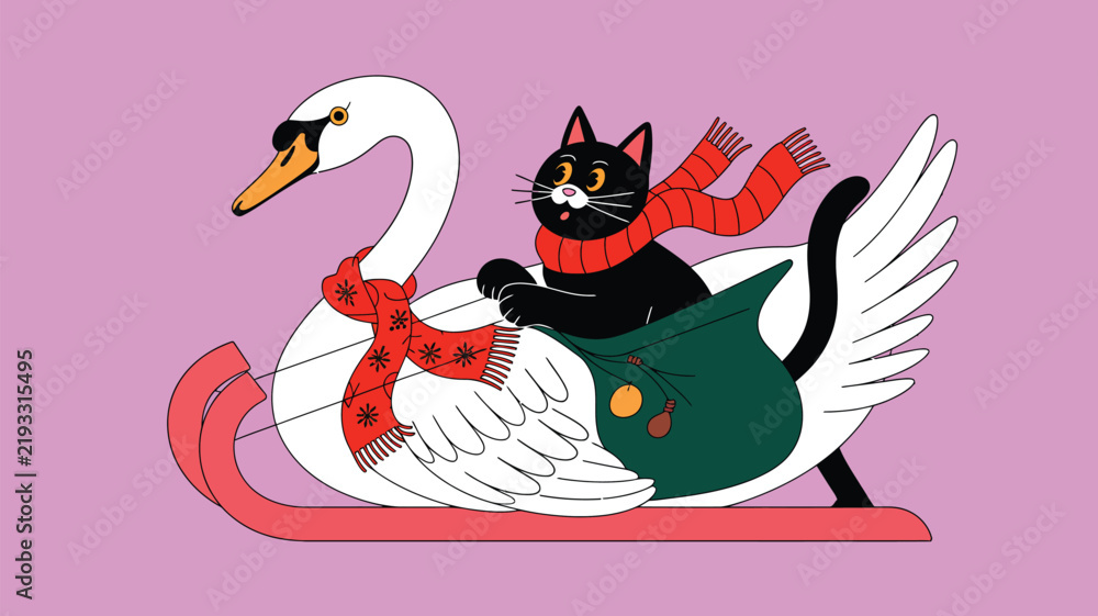 Fototapeta premium Cute illustration of a black cat wearing a red scarf riding a swan sleigh, winter holiday concept