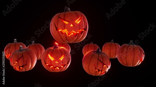Pumpkins with glowing faces dance in a spooky atmosphere, animated on the beat, seamless loop halloween light show vj clip