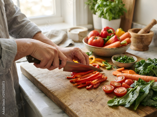 Person slicing red bell peppers on a wooden cutting board in a kitchen