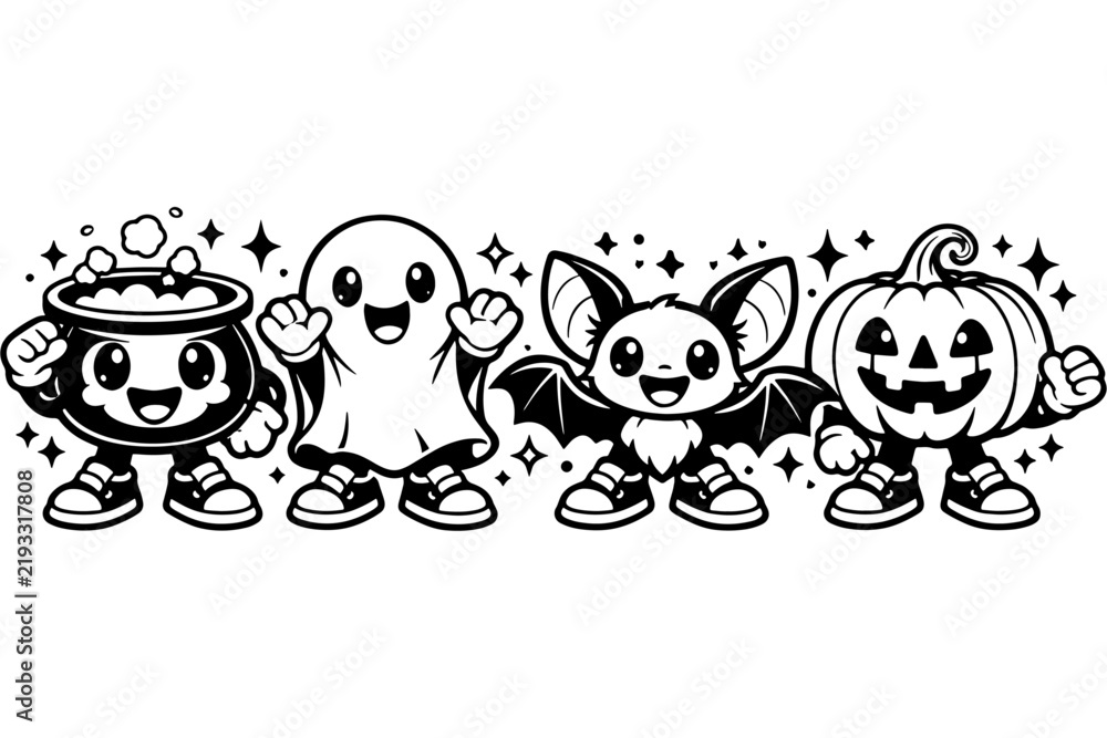 Obraz premium Vintage Cartoon Halloween Characters with Ghost Pumpkin Bat and Witch Cauldron
