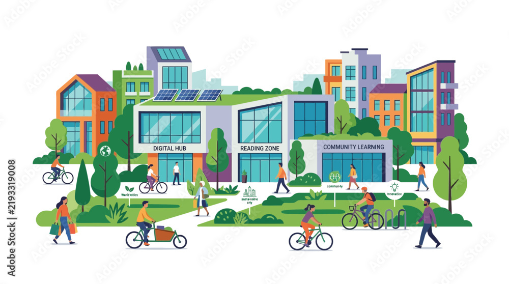Obraz premium Modern Sustainable City Landscape Illustration with Eco Friendly Buildings and People Cycling