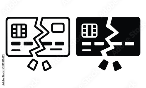 Minimalist black and white broken credit card icons depicting financial stress and debt relief in bright white studio lighting.