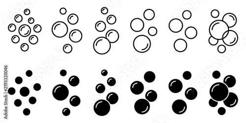 Bubbles and soap foam icons in outline and solid black for cleaning and effervescence.