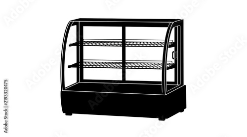 Black silhouette of a glass display showcase fridge for bakery or cafe. Ideal for displaying cakes, pastries, or food store interiors. Minimalist flat vector illustration