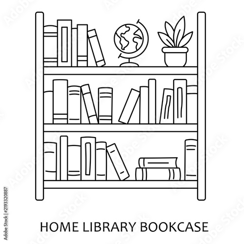 Home library bookcase shelf unit with textbook storage line icon