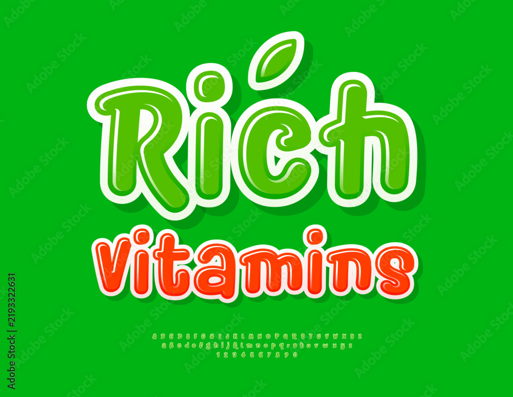 Naklejka premium Vector Wellness icon Rich Vitamins. Glossy Green Font.Bright set of Handwritten Alphabet Letters and Numbers set.