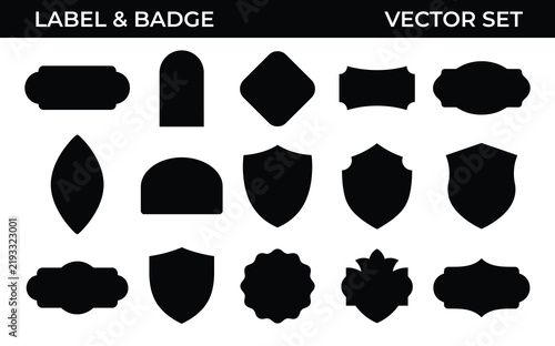 Black vector shield silhouette and label badge set including heraldic crest and ornate frame shapes.
