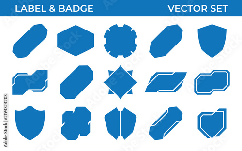 Futuristic cyber tech vector badge silhouette set featuring geometric angled shield and frame vector shapes