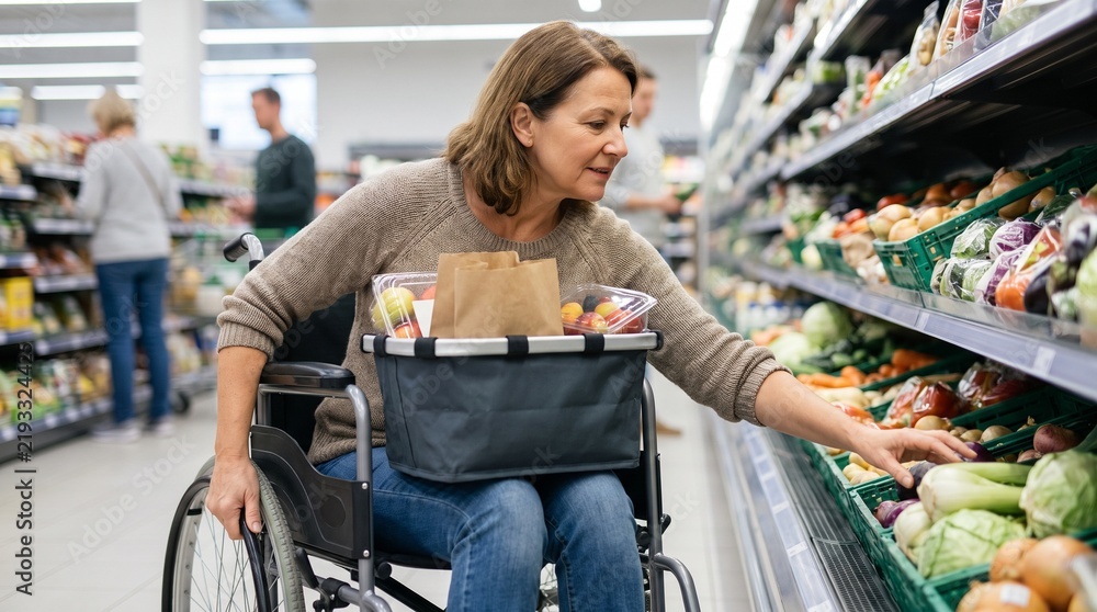 Obraz premium Wheelchair user shopping for fresh produce in supermarket